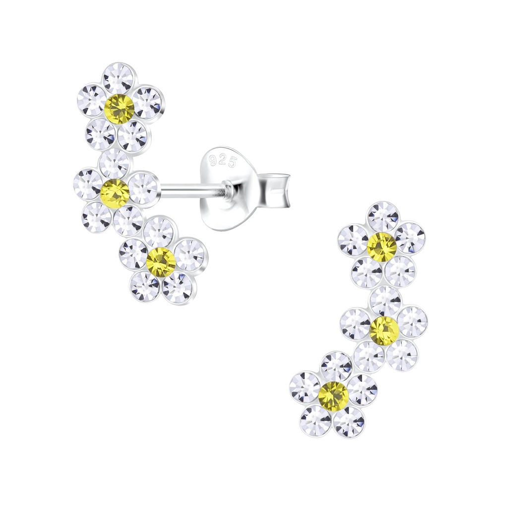 Puces d'oreilles fleur triple en argent cristal