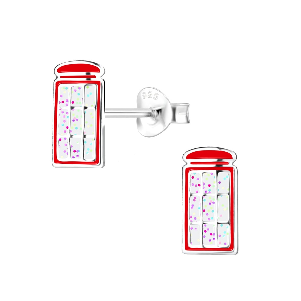 Silver Red Telephone Box Stud Earrings