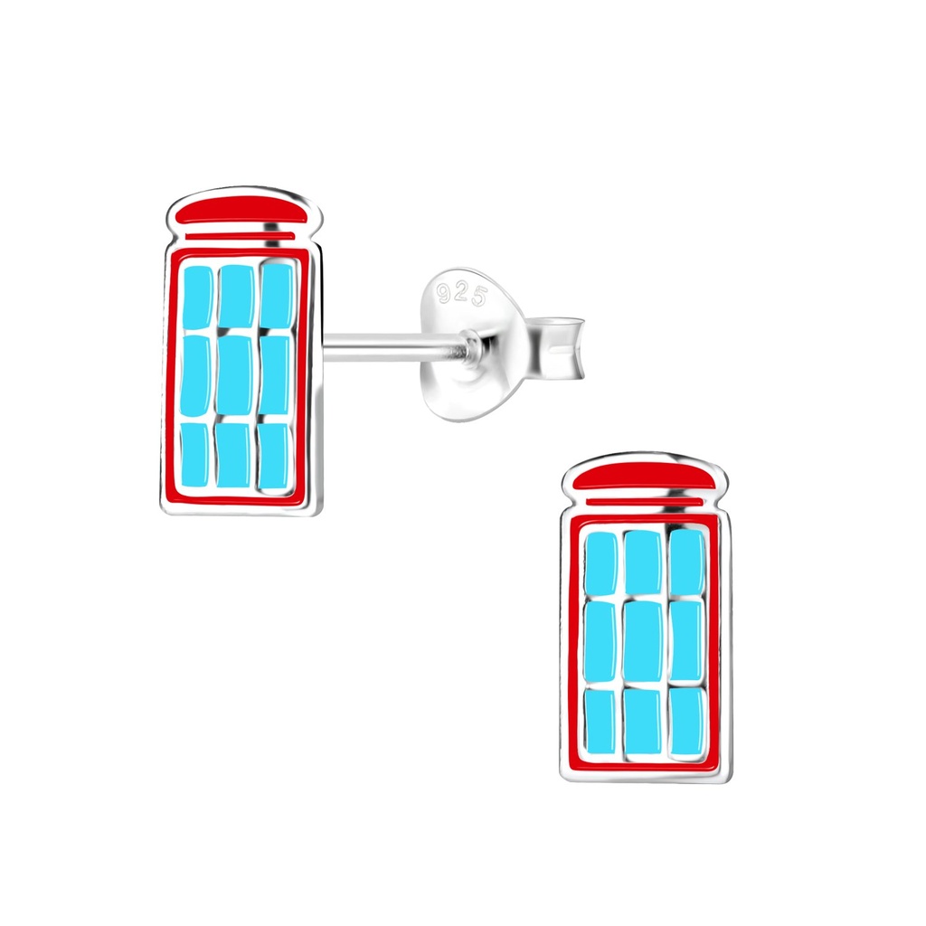 Silver Red Telephone Box Stud Earrings