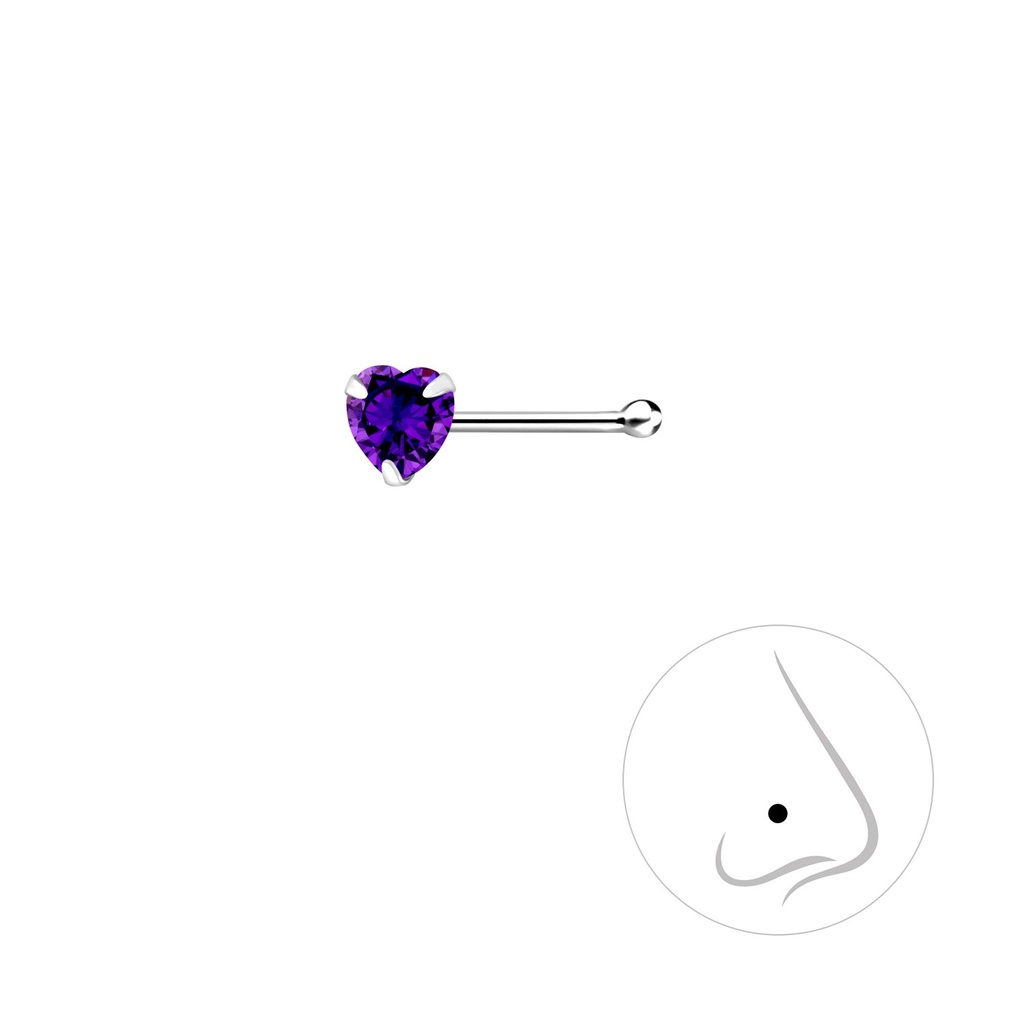 Clou de nez en argent zircon cœur 3 mm avec boule
