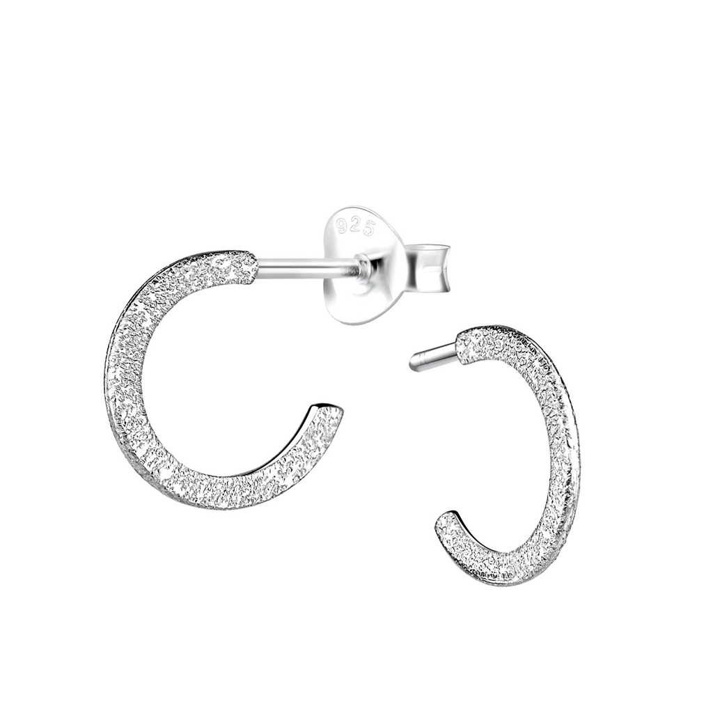 Silver Half Hoop Stud Earrings with Diamond Dust