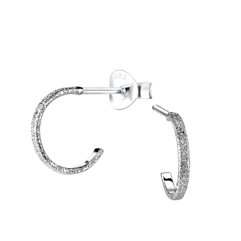 Silver Half Hoop Stud Earrings with Diamond Dust