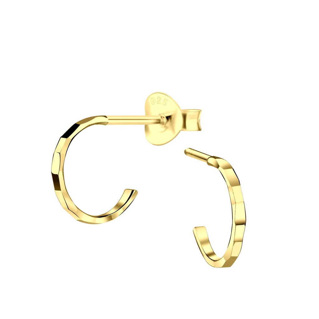 Silver Half Hoop Stud Earrings with Diamond Cut