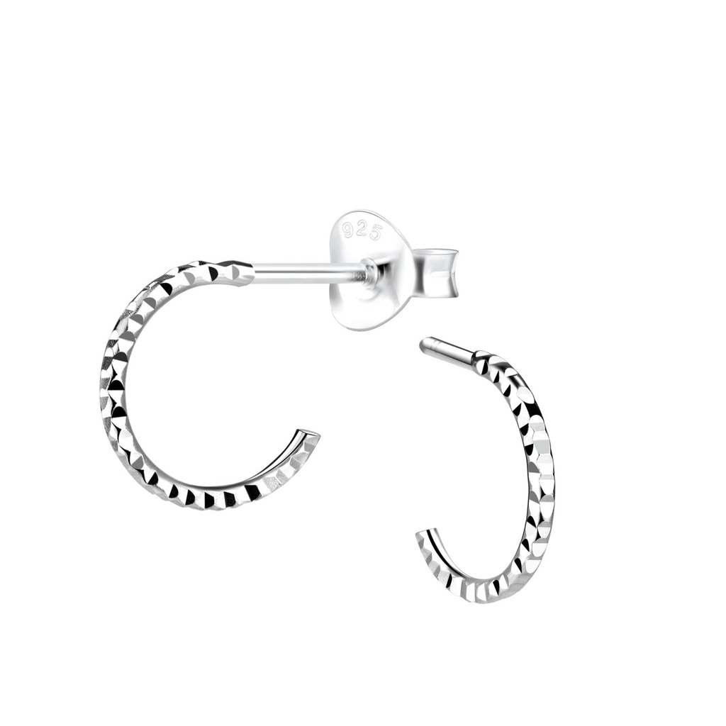 [10012680] Silver Half Hoop Stud Earrings with Diamond Cut