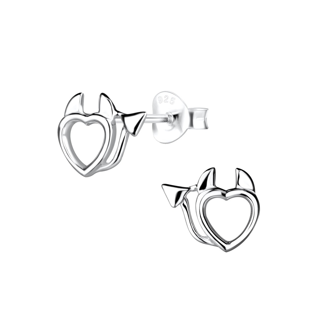 Silver Devil Heart Stud Earrings
