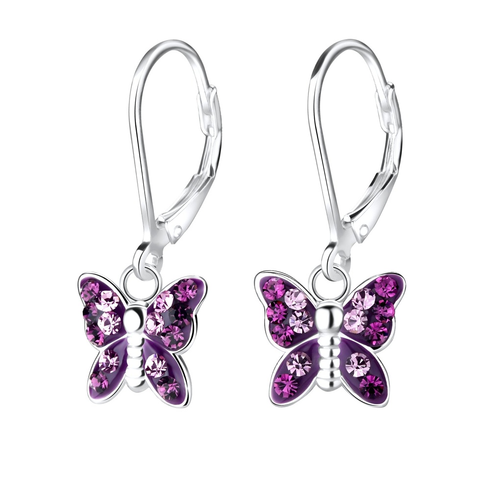 [10012857] Silver Butterfly Crystal Lever Back Earrings