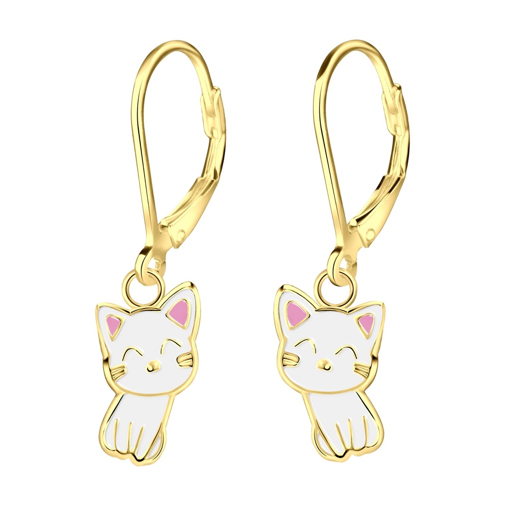 Silver Cat Lever Back Earrings