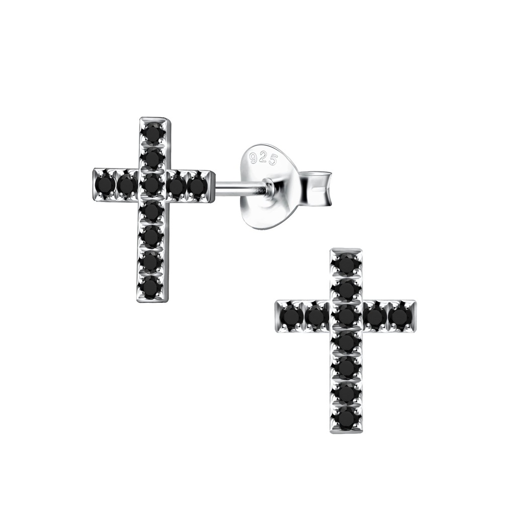 [10011804] Puce d'oreille croix en argent zircon (Black)