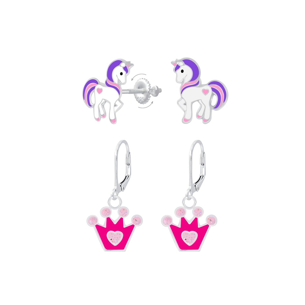 [10011401] Silver Unicorn and Crown Earrings Set