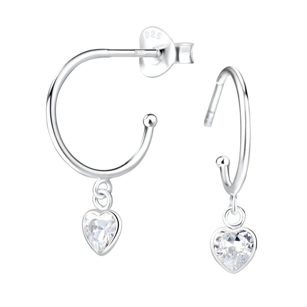 Silver Heart Half Hook Stud Earrings