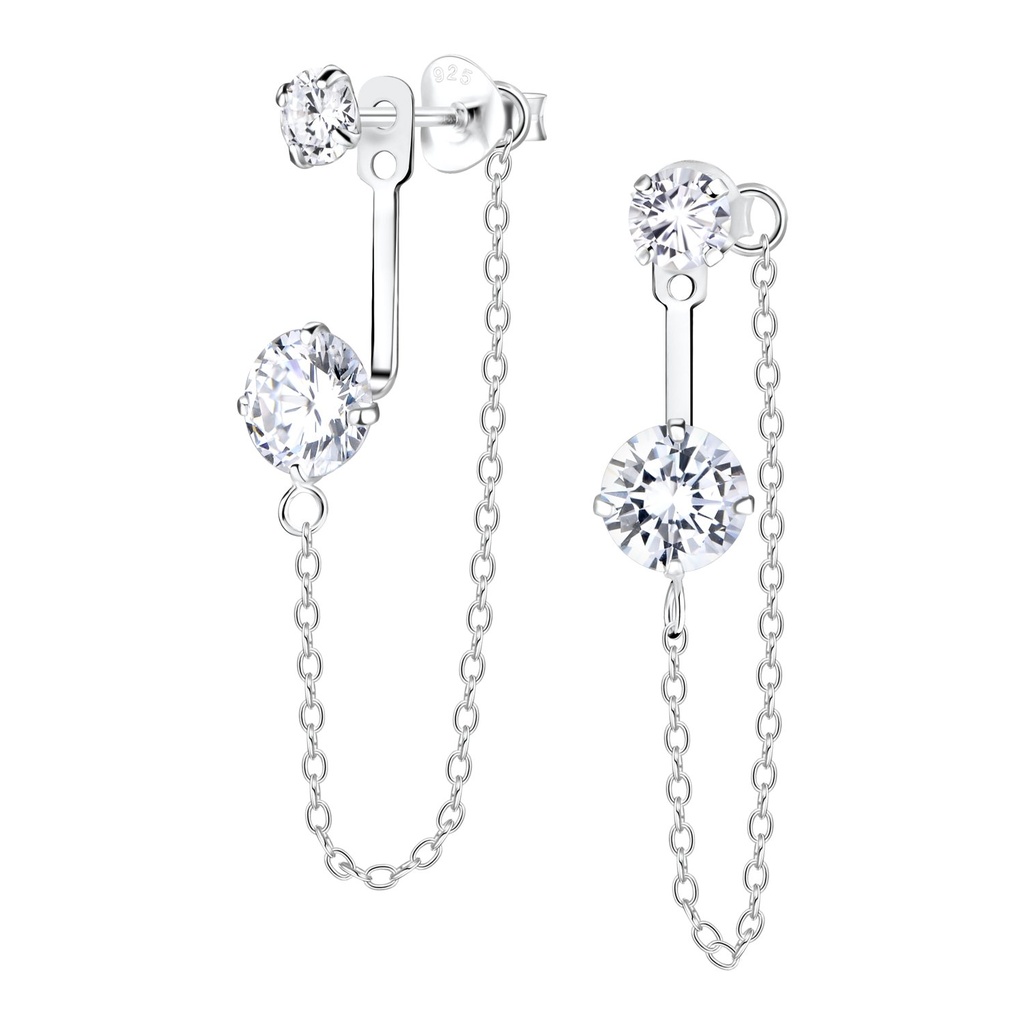 Silver Double Round Ear Jacket With Chain