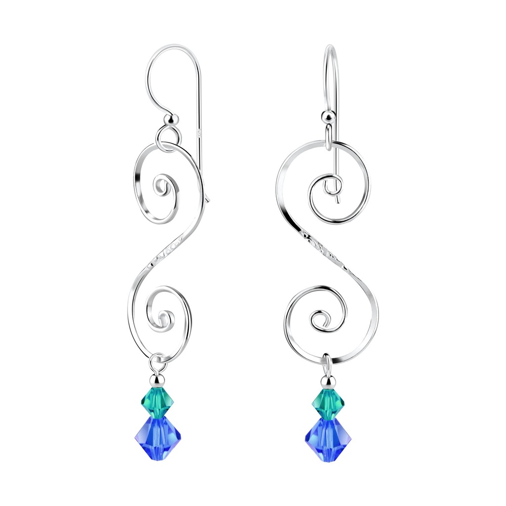 Boucles d'oreilles spirale en argent avec perle cristaux