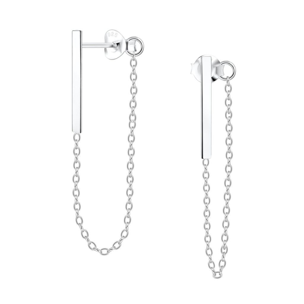 Silver Bar Stud Earrings With Chain