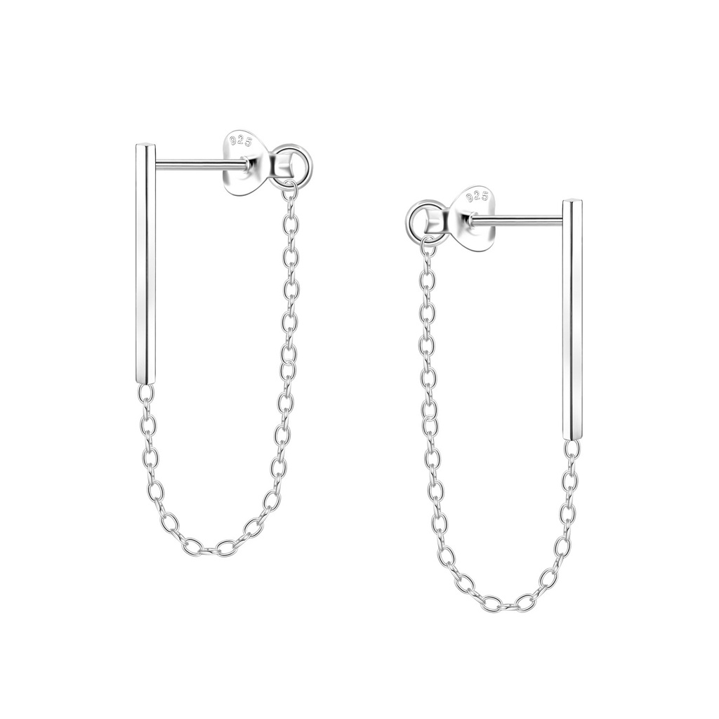 Silver Bar Stud Earrings With Chain