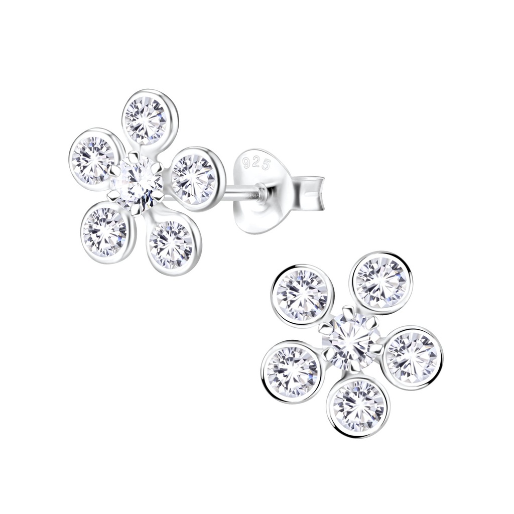 Silver Flower Cubic Zirconia Stud Earrings