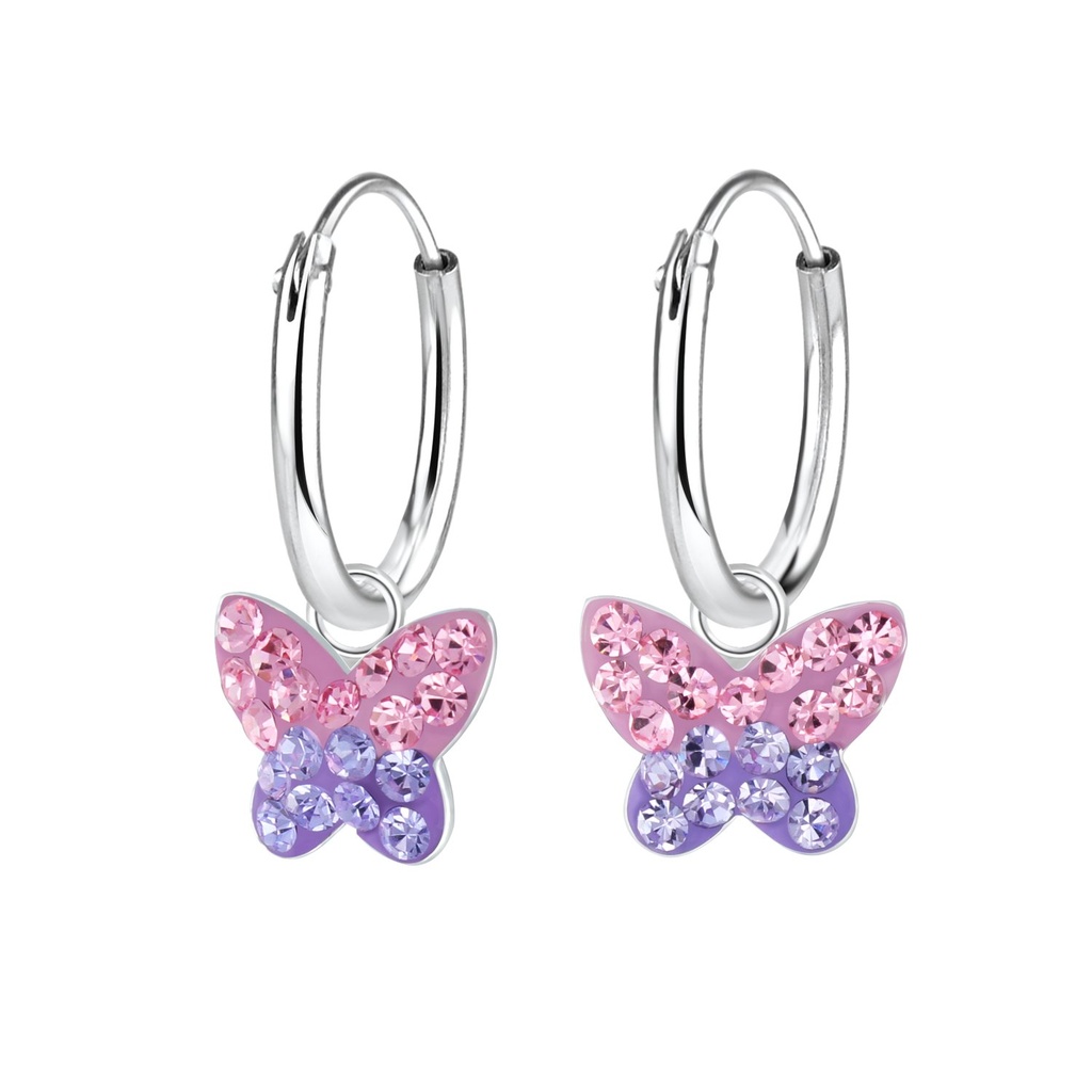 Silver Butterfly Crystal Charm Hoop Earrings