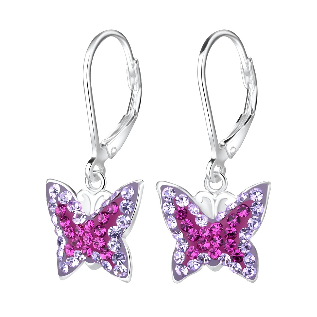 [10011007] Silver Butterfly Crystal Lever Back Earrings