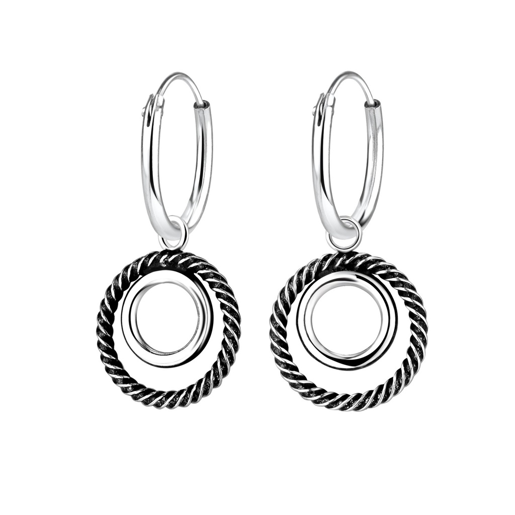 Silver Twisted Circle Charm Hoop Earrings