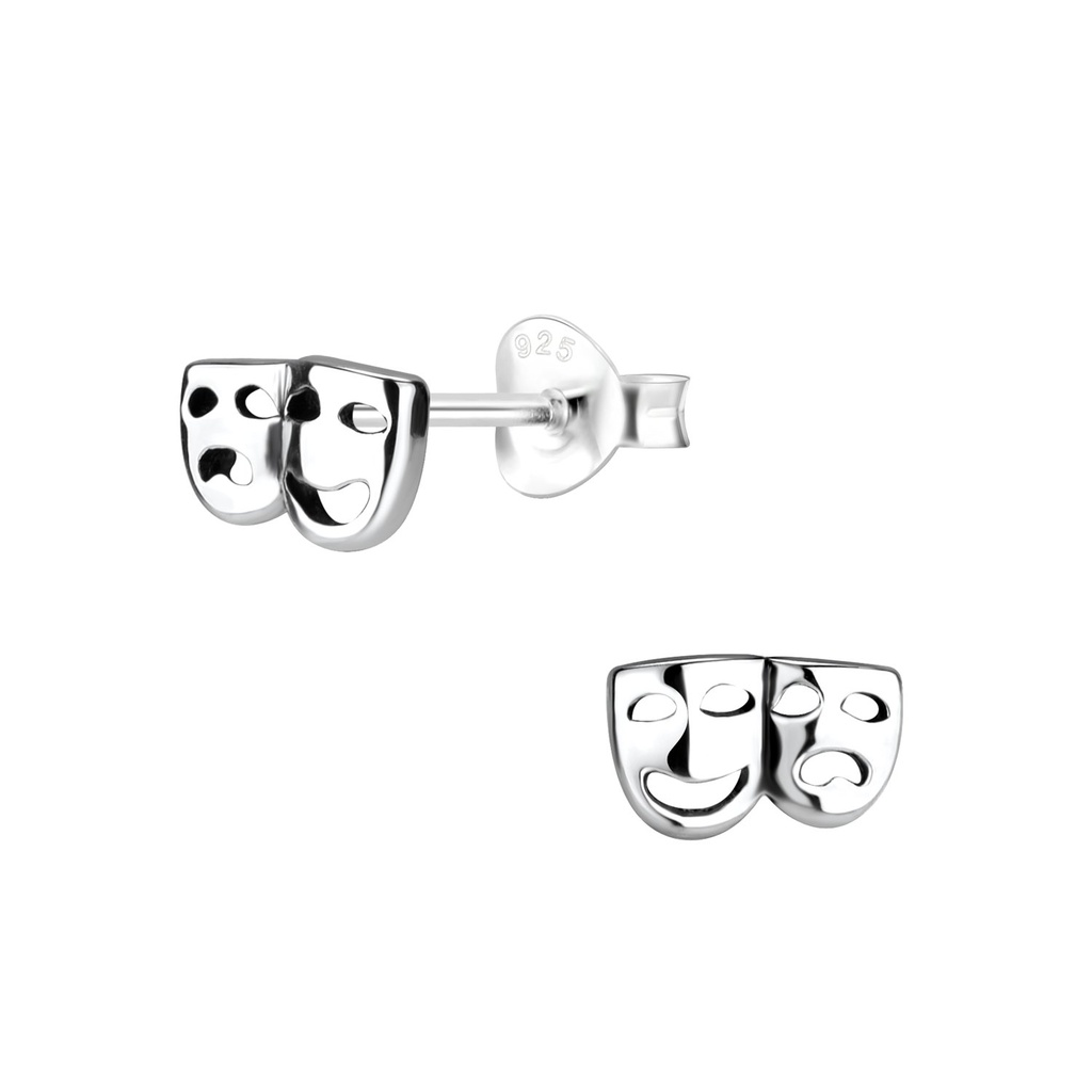 Silver Comedy And Tragedy Mask Stud Earrings