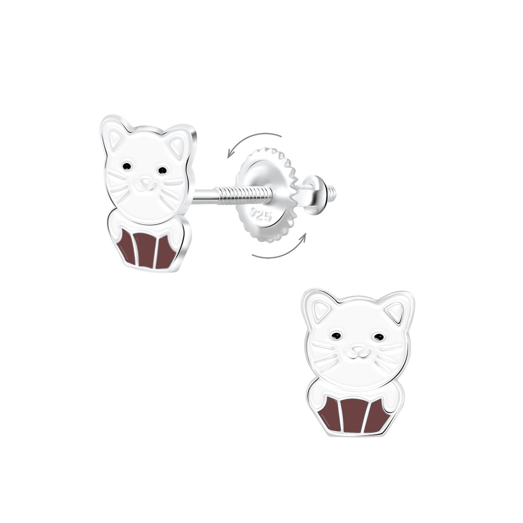 Boucles d'oreilles à fermoir à vis chat en argent