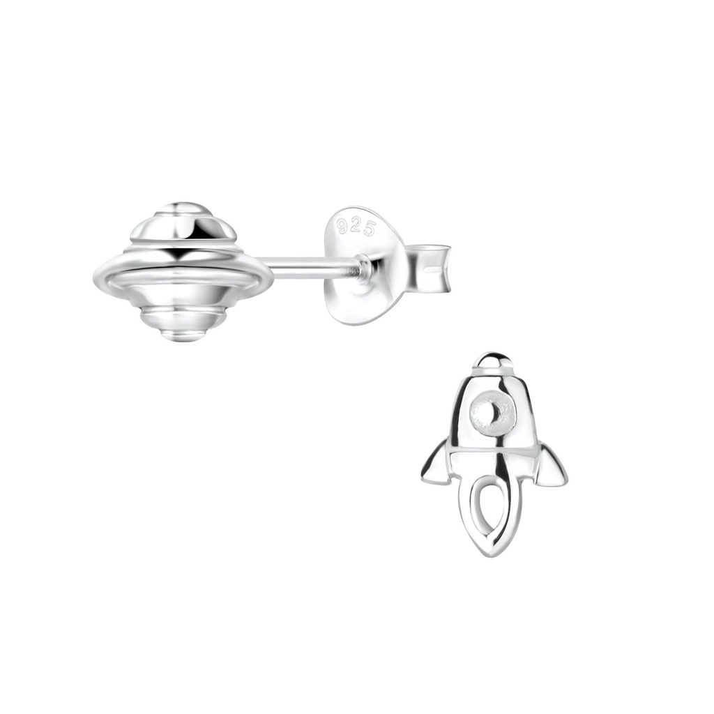Silver Rocket and Saturn Stud Earrings