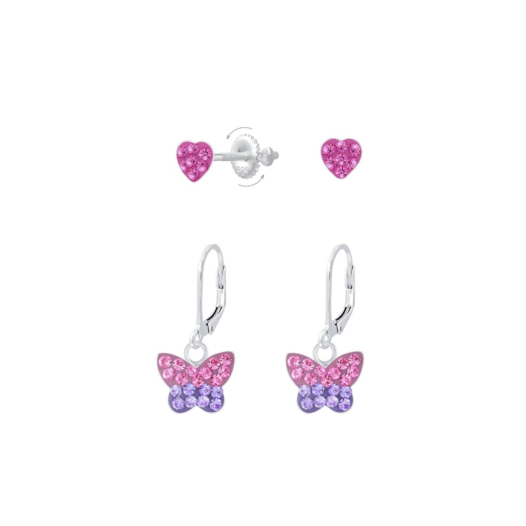 Lot de boucles d'oreilles cœur et papillon en argent