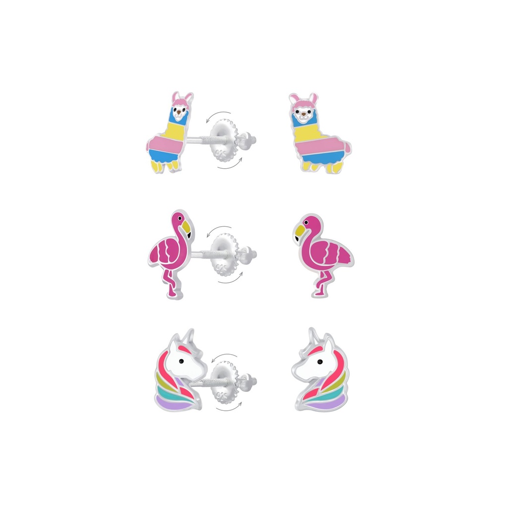 [10011612] Silver Alpaca Flamingo and Unicorn Screw Back Earrings Set
