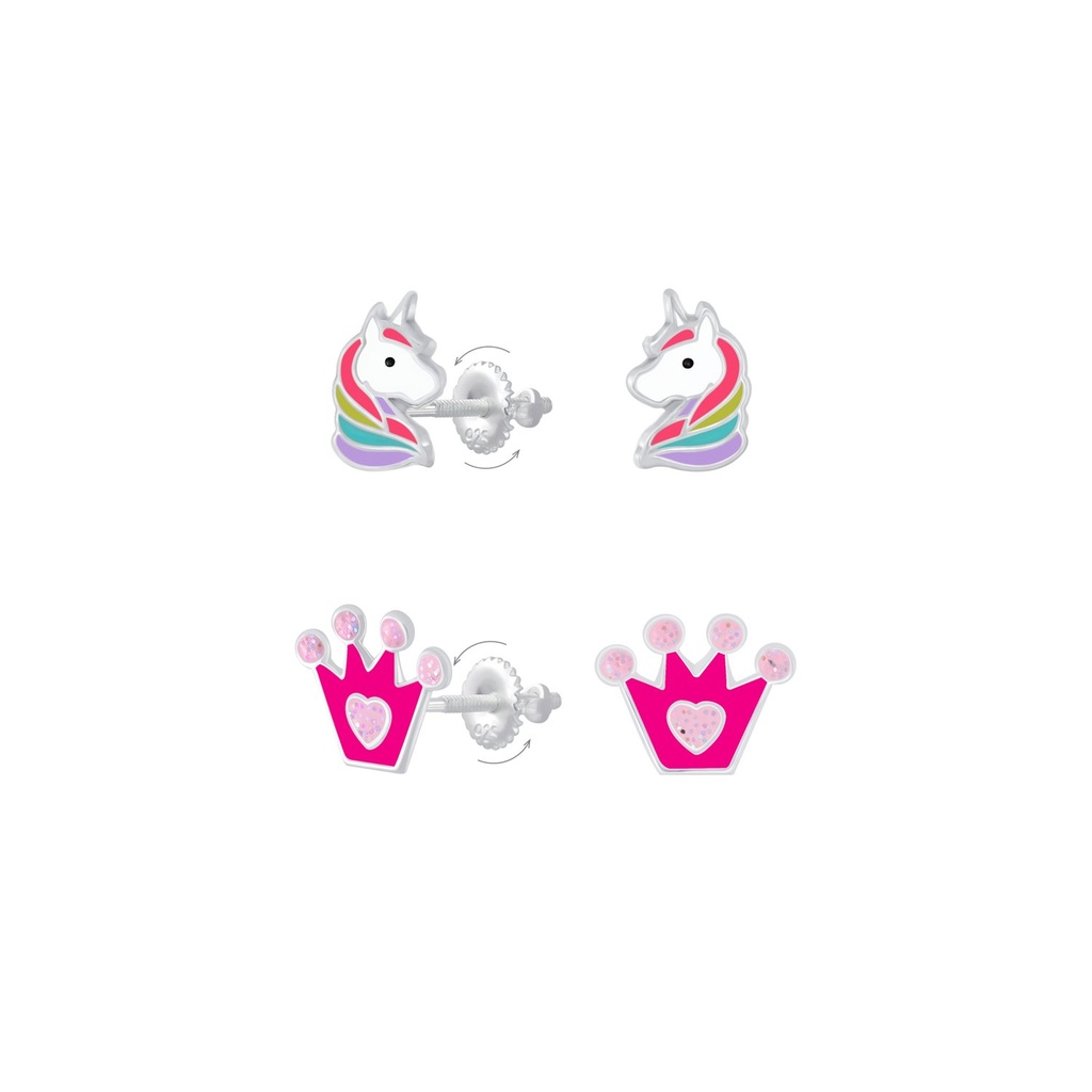 [10011606] Lot de boucles d'oreilles à fermoir à vis licorne et couronne en argent