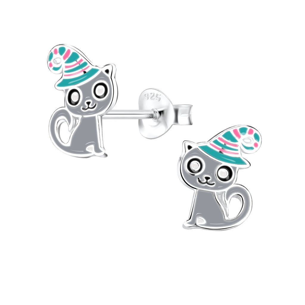 Silver Cat Stud Earrings