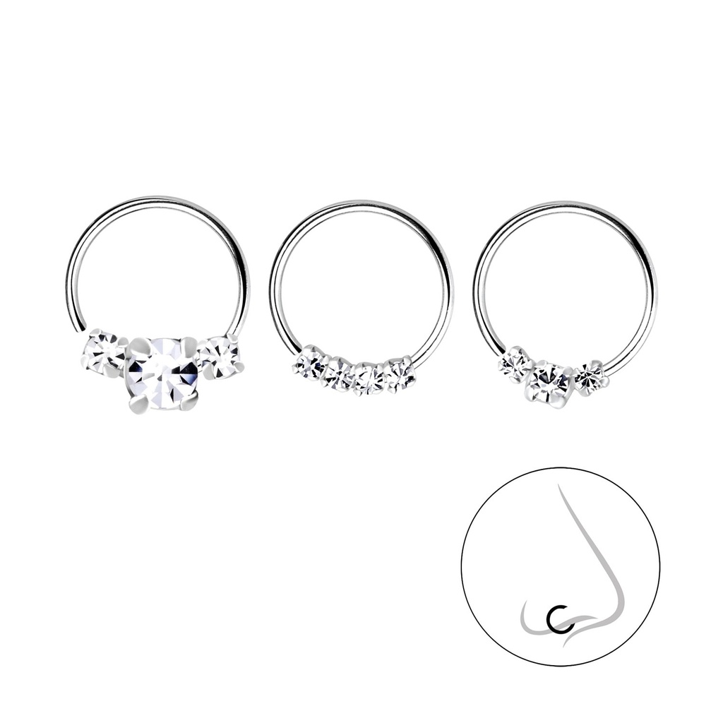 10mm Silver Crystal Nose Ring Set - Pack of 3