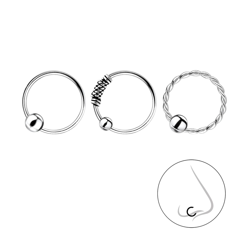 10mm Silver Nose Ring Set - Pack of 3
