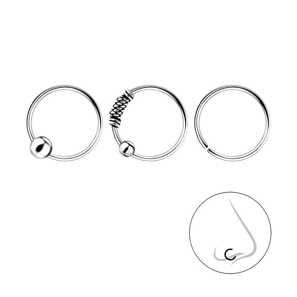 [10010201] Lot de 3 anneaux de nez en argent 10 mm