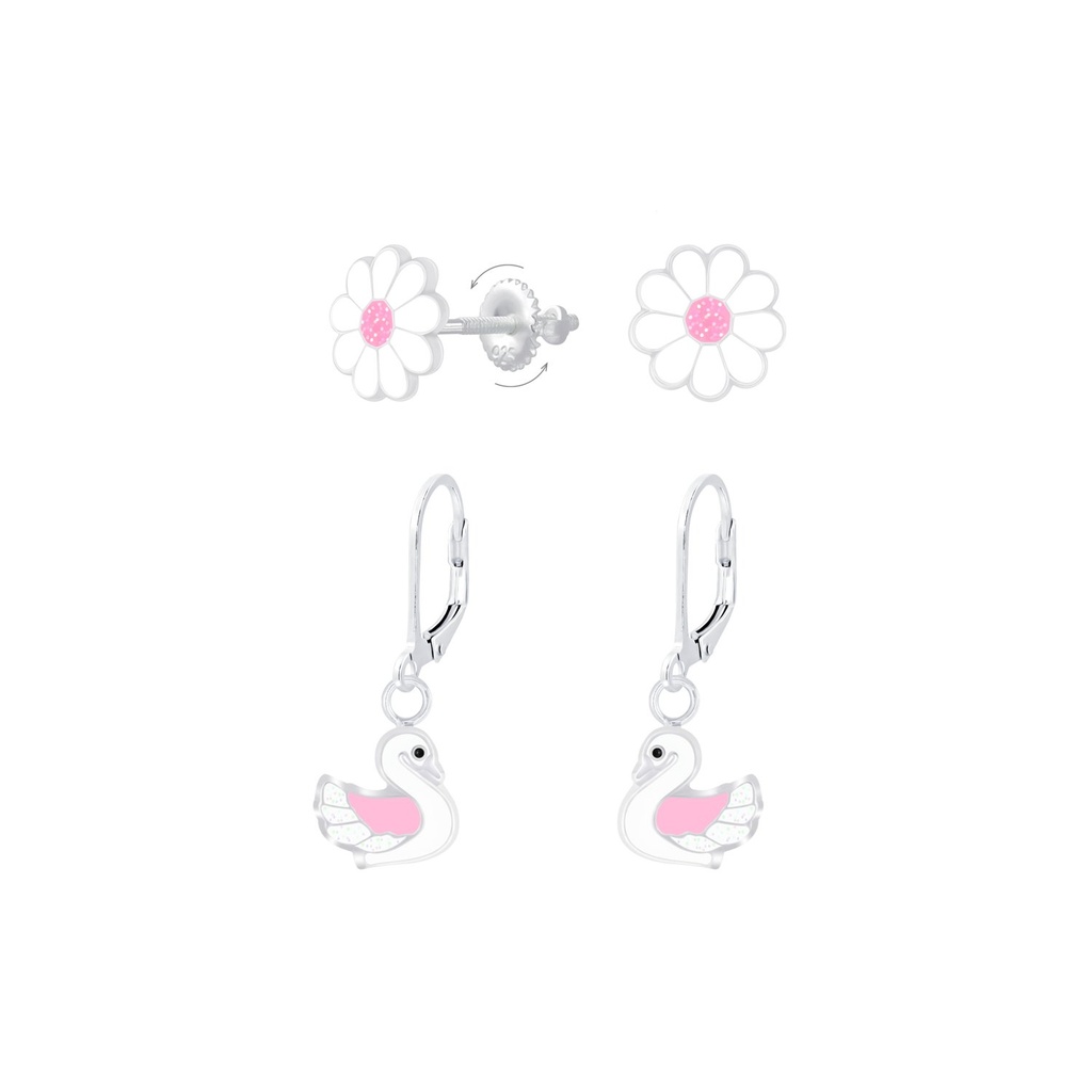 Lot de boucles d'oreilles fleur et cygne en argent
