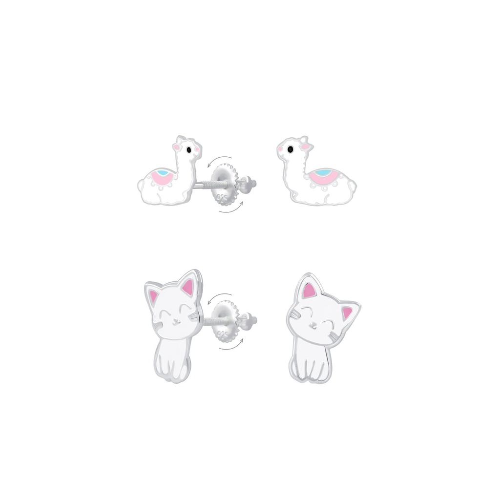 [10010565] Silver Alpaca and Cat Screw Back Earrings Set