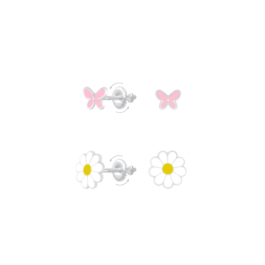 [10010563] Silver Butterfly and Flower Screw Back Earrings Set