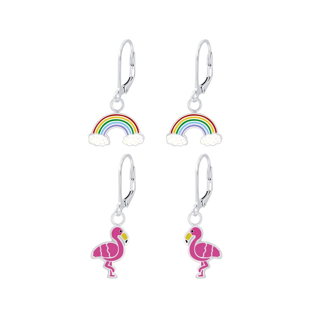 Lot de dormeuses à levier arc-en-ciel et flamant rose en argent