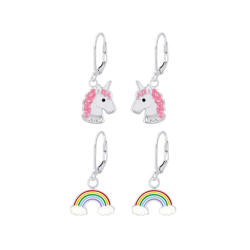 [10010559] Silver Unicorn and Rainbow Lever Back Earrings Set