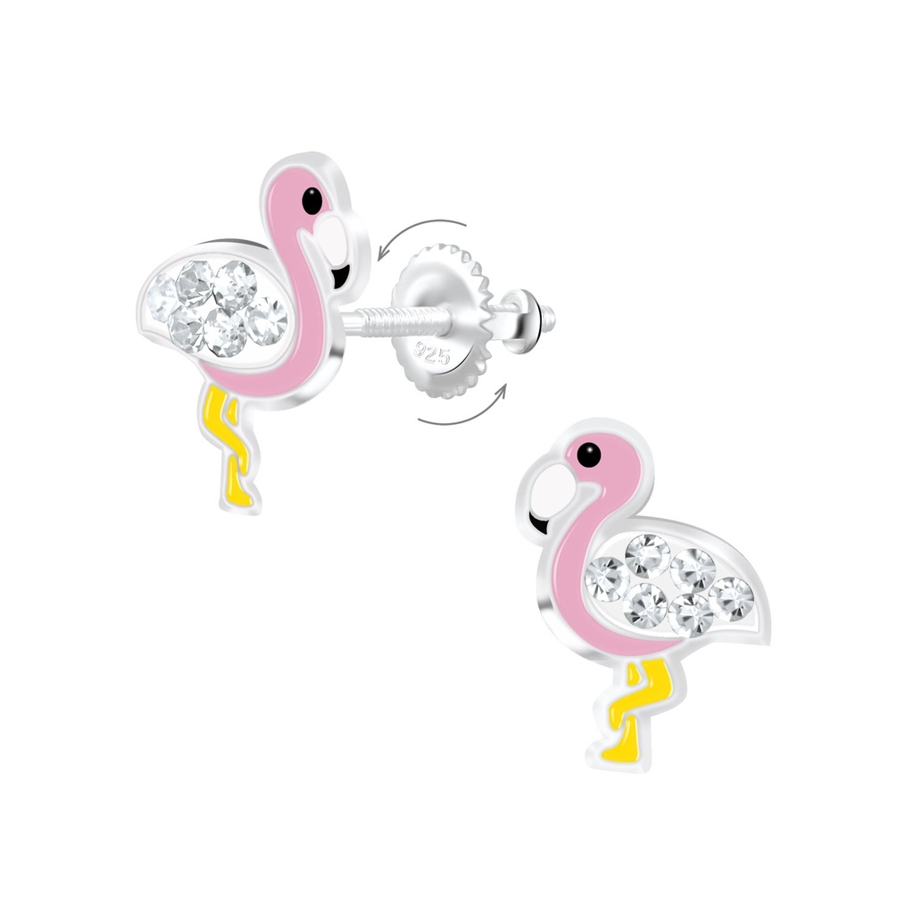 [10009279] Boucles d'oreilles à fermoir à vis flamant rose en argent