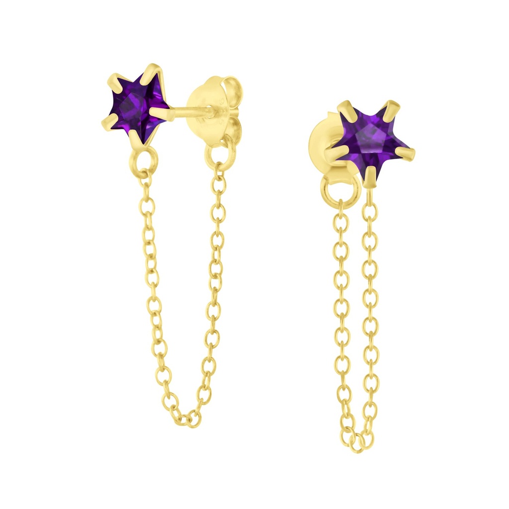 6mm Star Cubic Zirconia Silver Stud Earrings with Chain