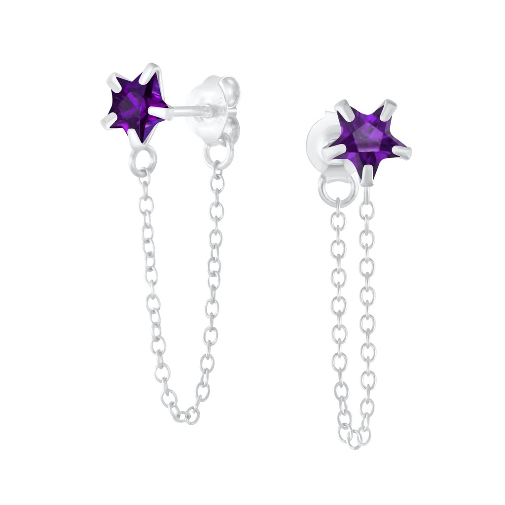 Puces d'oreilles en argent zircon étoile 6 mm avec chaîne