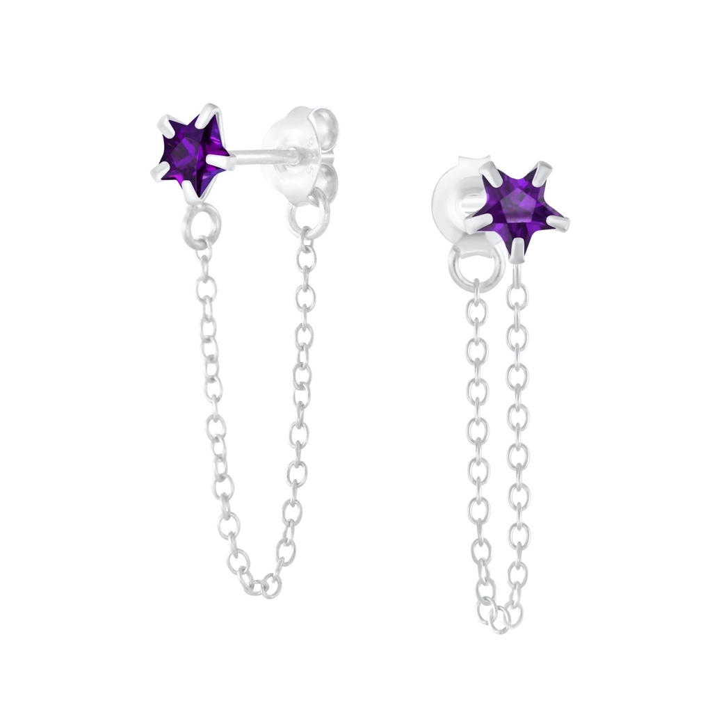 4mm Star Cubic Zirconia Silver Stud Earrings with Chain