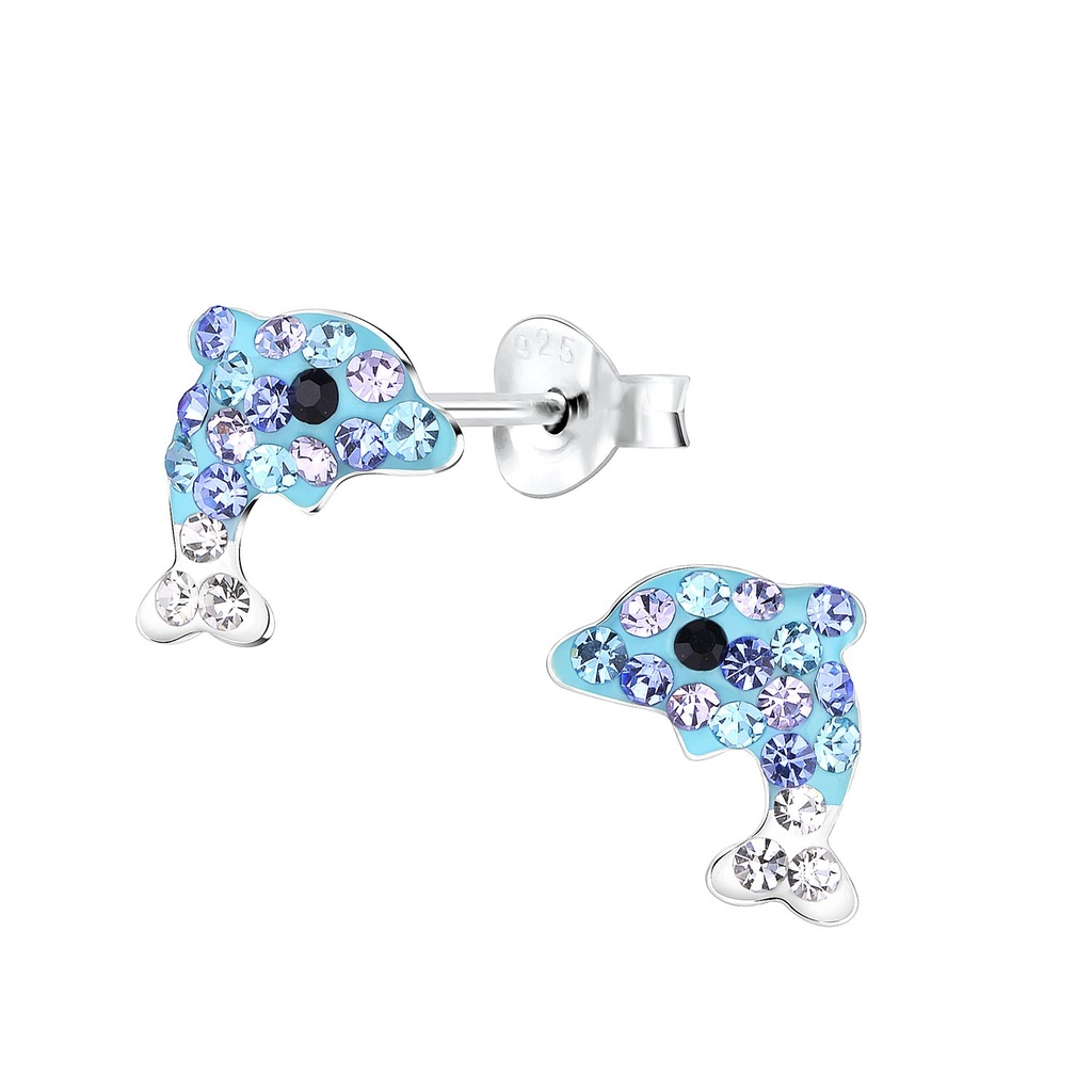 Silver Dolphin Crystal Stud Earrings
