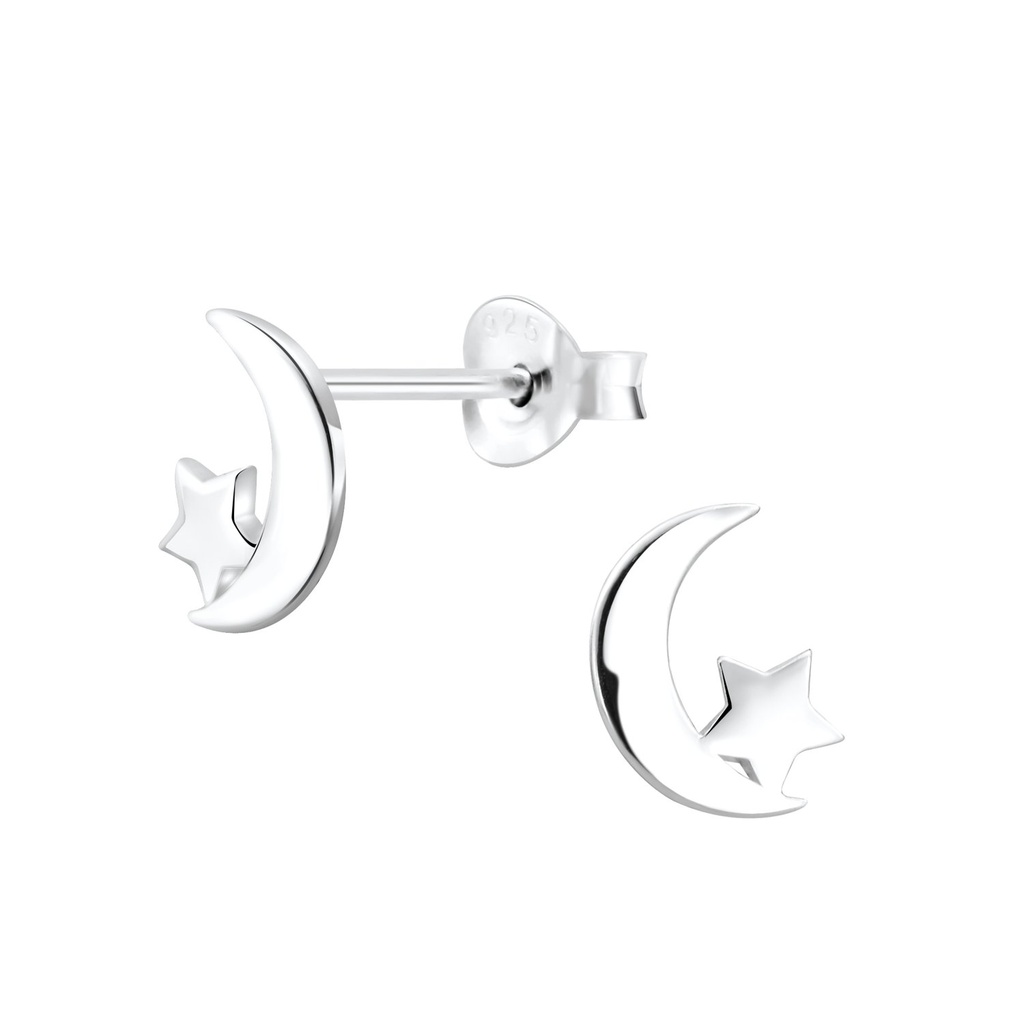 Puces d'oreilles lune et étoile en argent