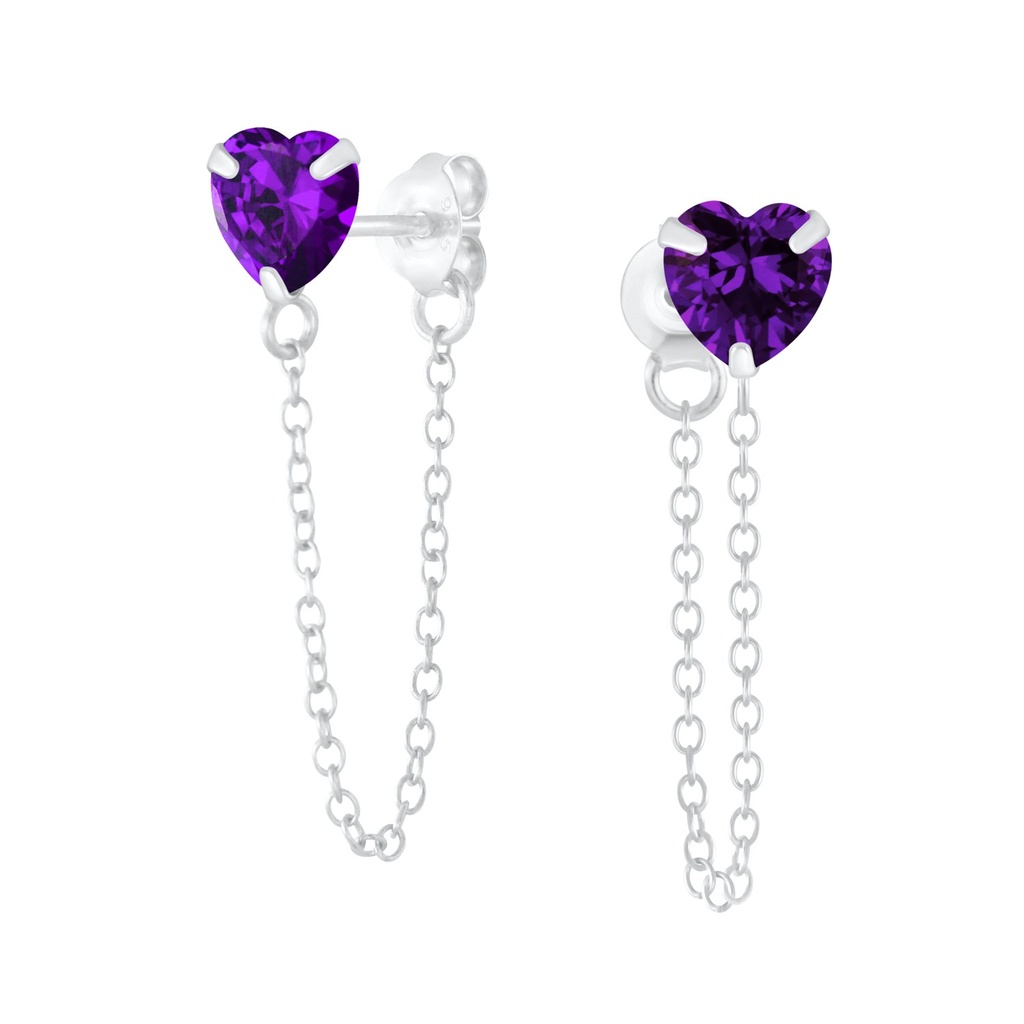 Puces d'oreilles en argent zircon cœur 6 mm avec chaîne