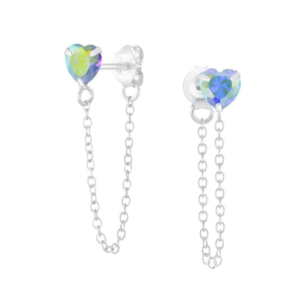 4mm Heart Cubic Zirconia Silver Stud Earrings with Chain