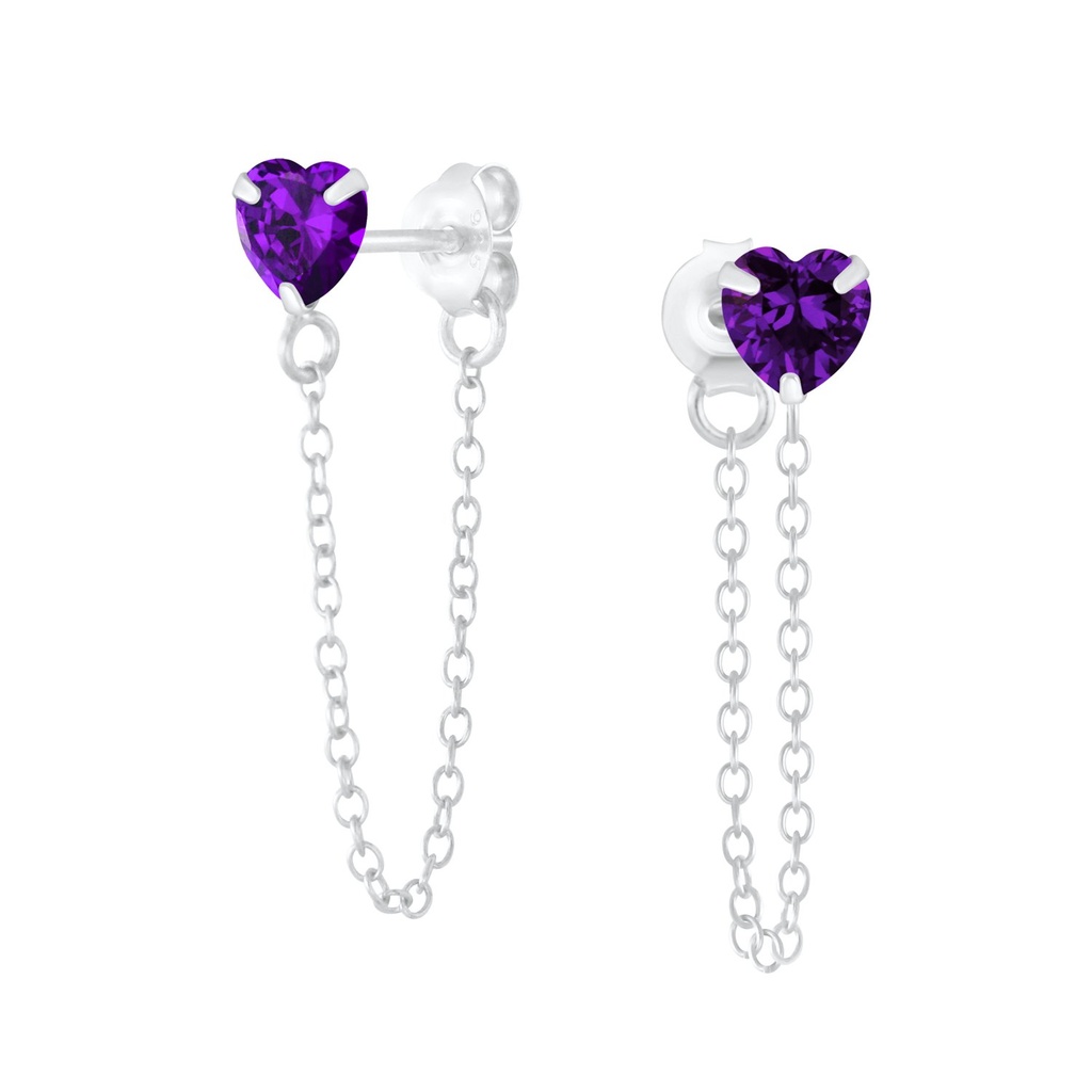 Puces d'oreilles en argent zircon cœur 4 mm avec chaîne