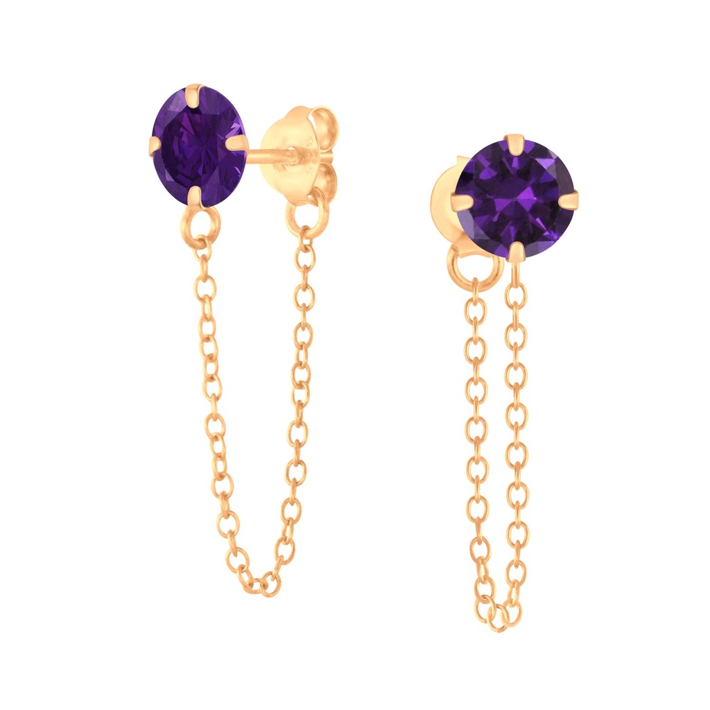6mm Round Cubic Zirconia Silver Stud Earrings with Chain