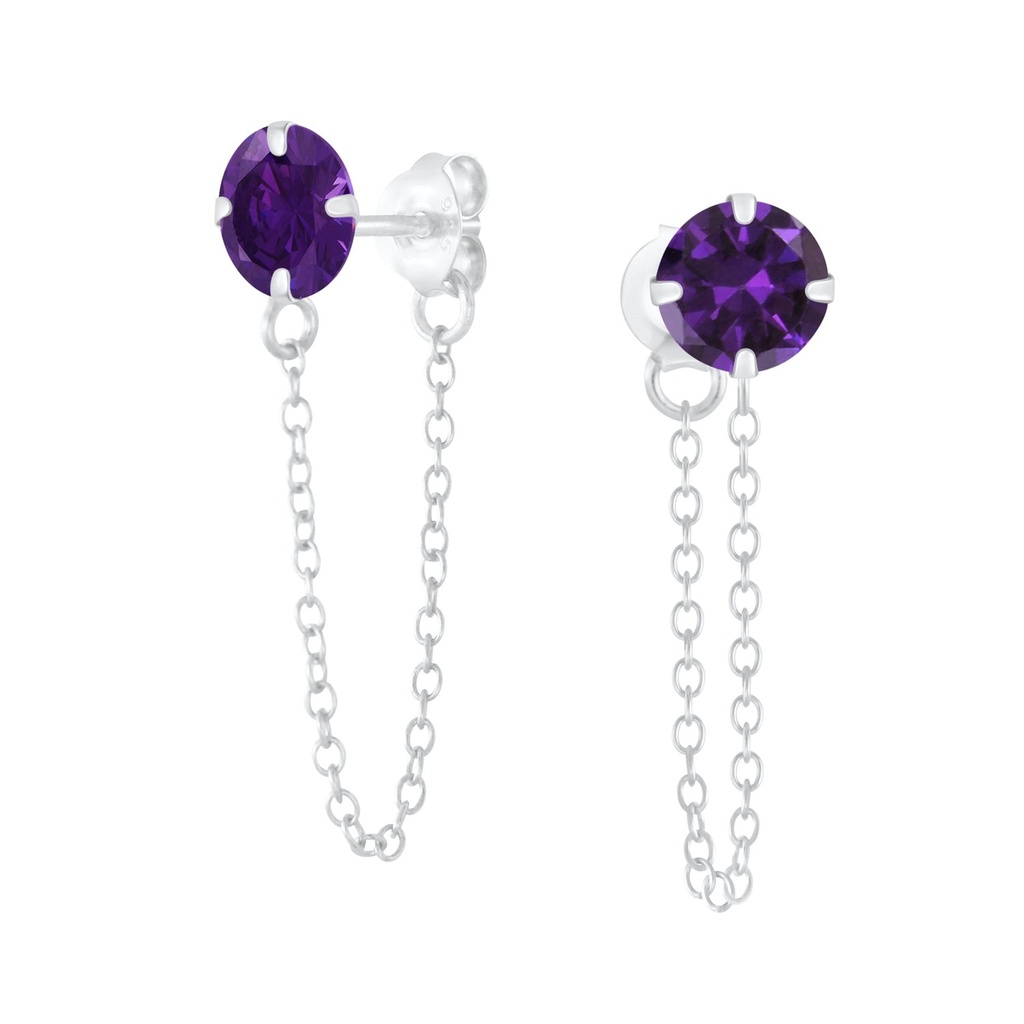 Puces d'oreilles en argent zircon rond 6 mm avec chaîne