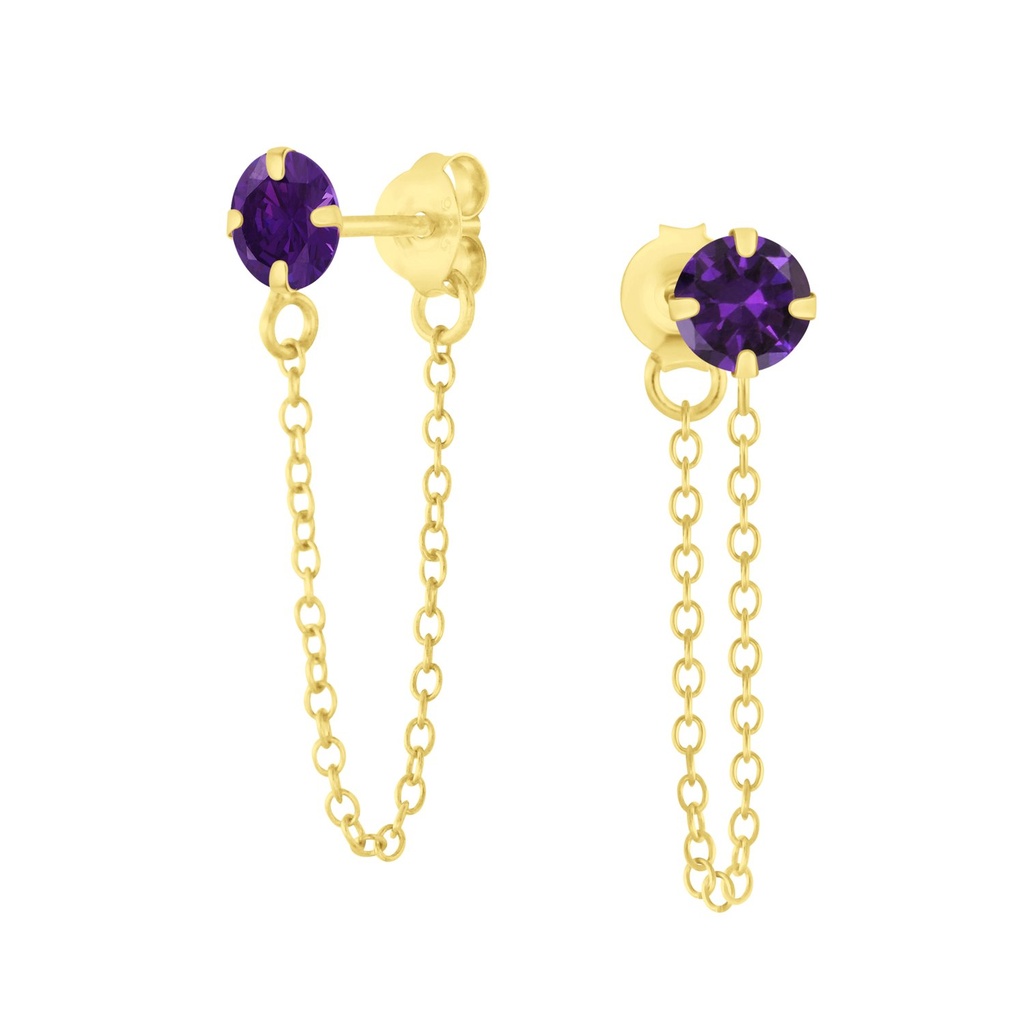 [10009017] Puces d'oreilles en argent zircon rond 4 mm avec chaîne (Amethyst)