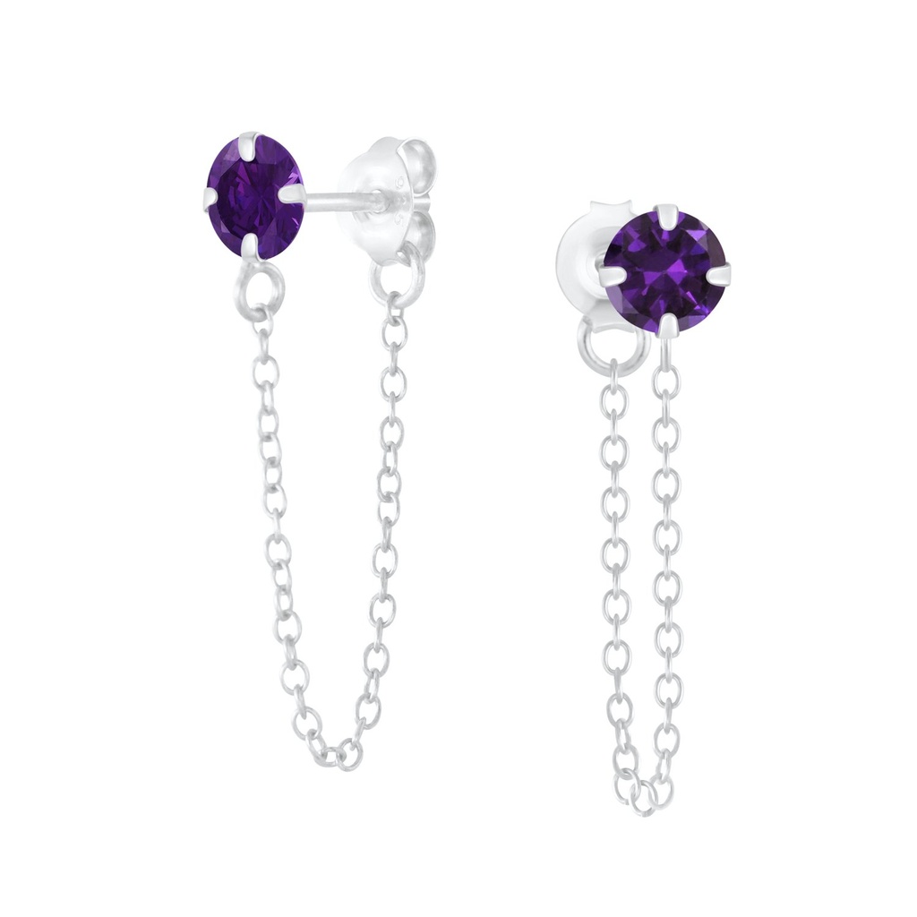 [10008195] 4mm Round Cubic Zirconia Silver Stud Earrings with Chain (Amethyst)